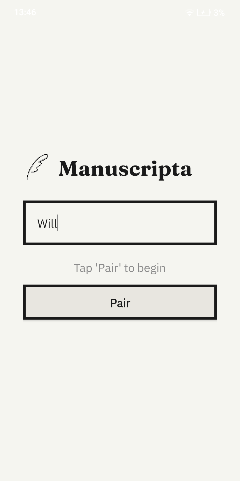 Device Pairing Screen showing minimal interface with name input and pair button