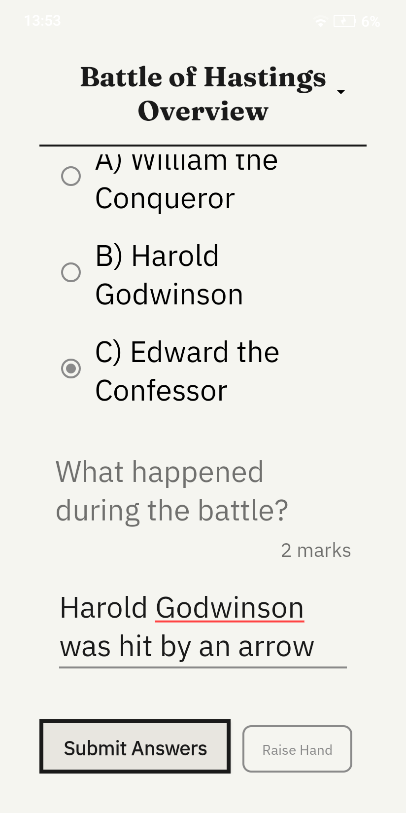 Quiz View showing reading passage, question, and answer input field