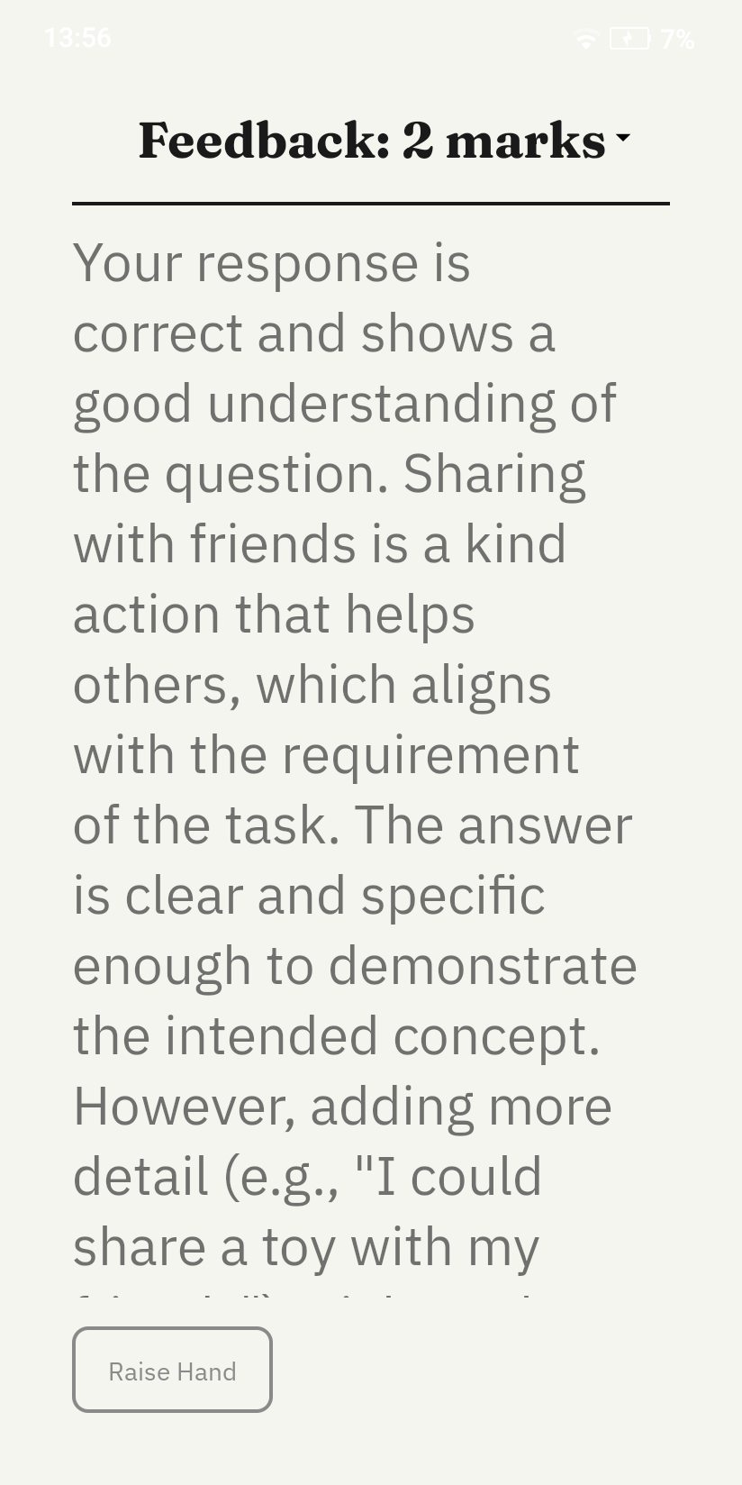 Student device — Teacher response feedback with marks