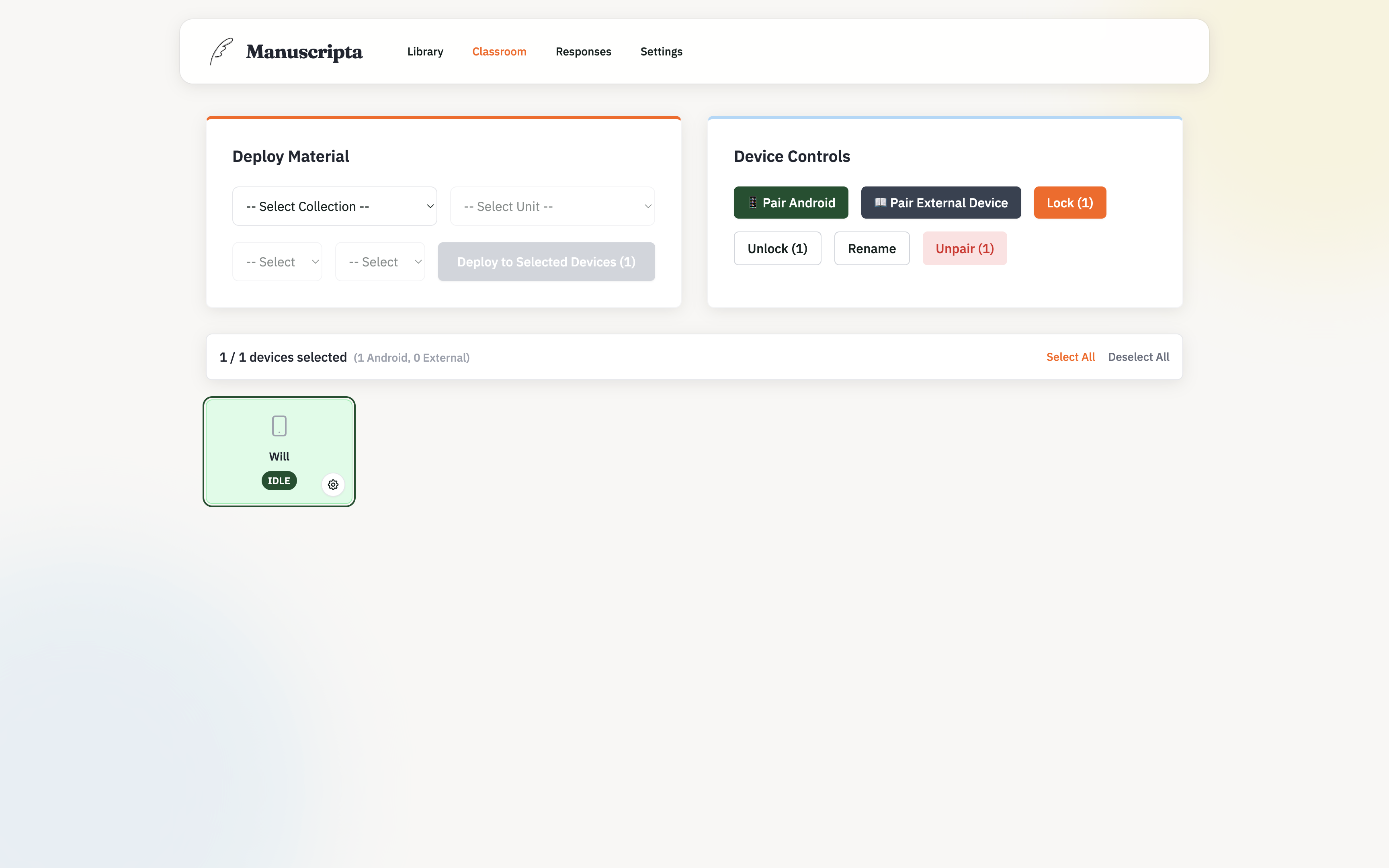 Teacher portal — Classroom with paired device idle