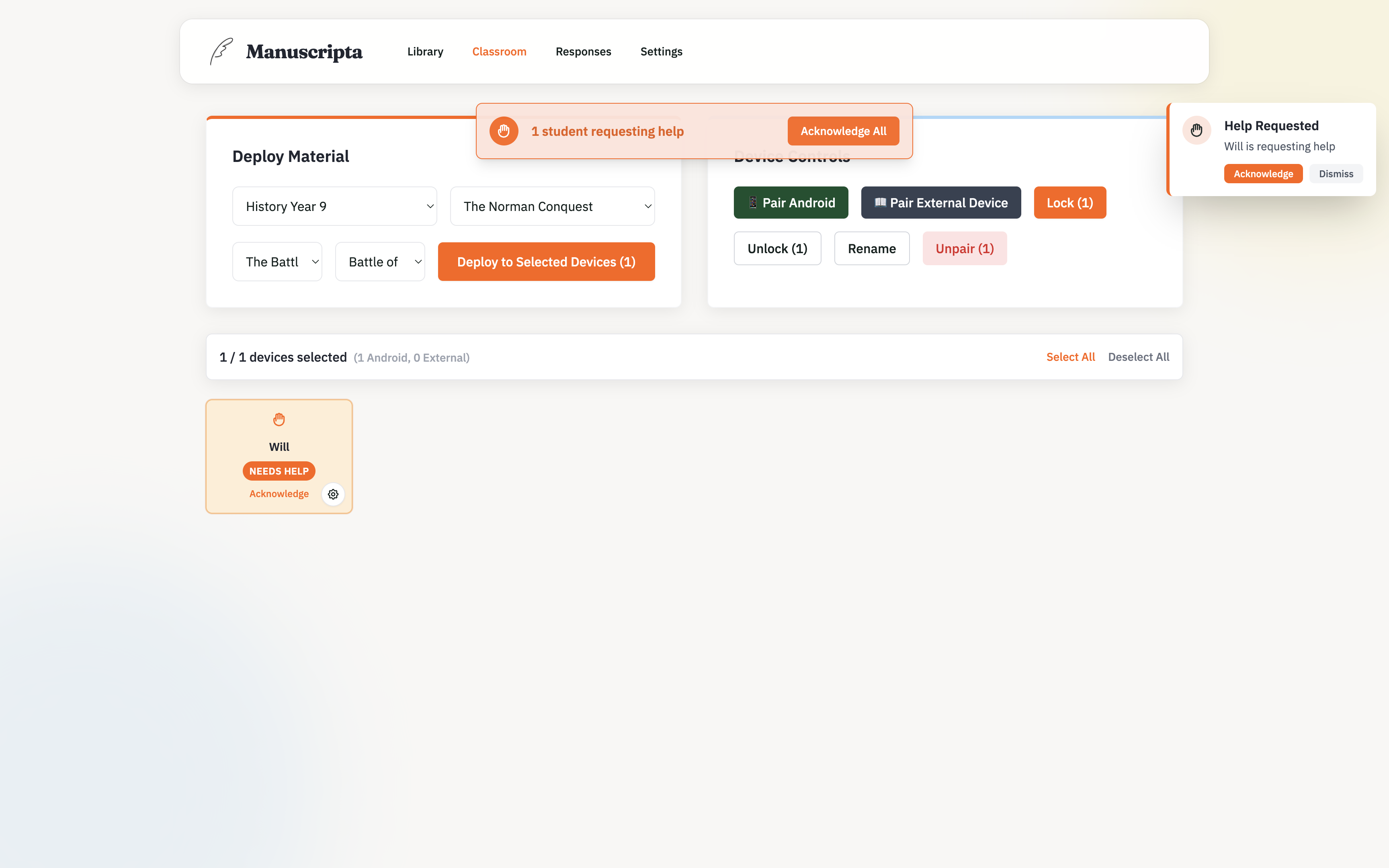 Teacher portal — Classroom with student help request notification