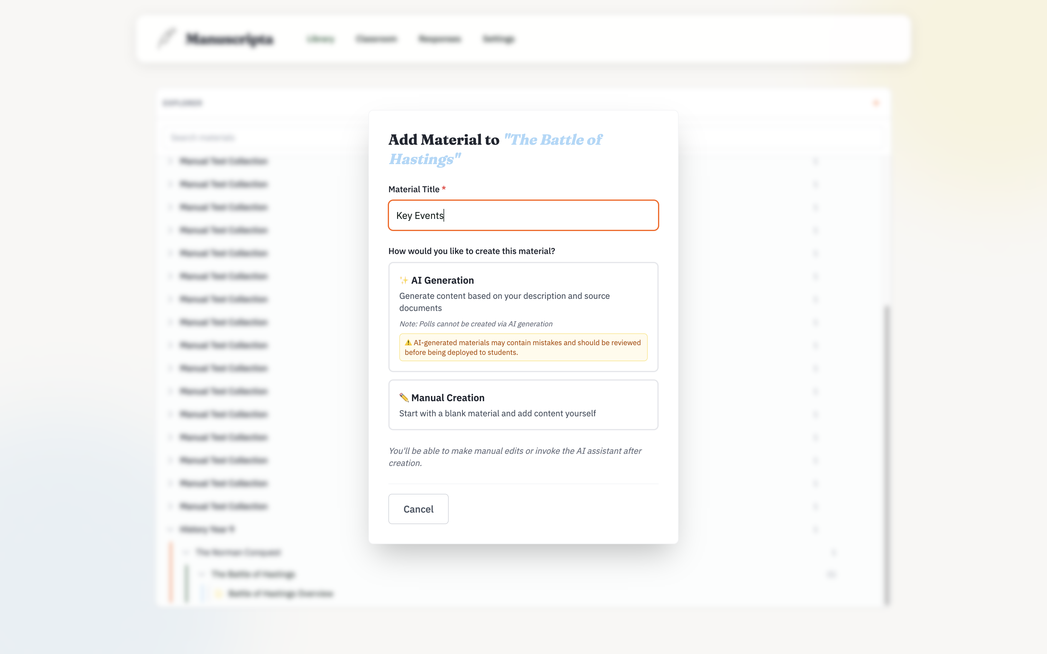 Teacher portal — Add material modal