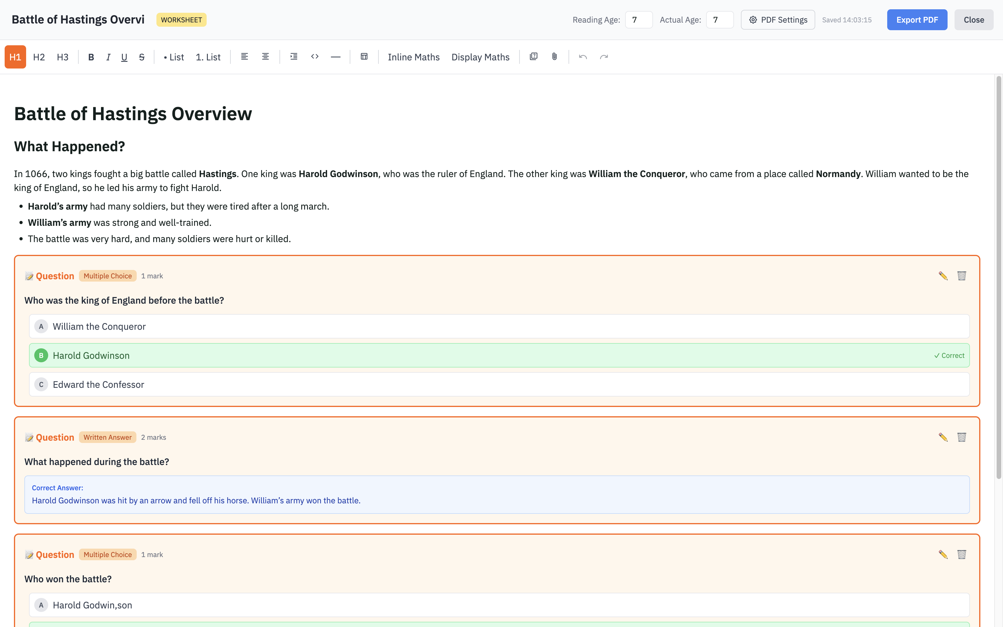 Teacher portal — Material editor with generated content