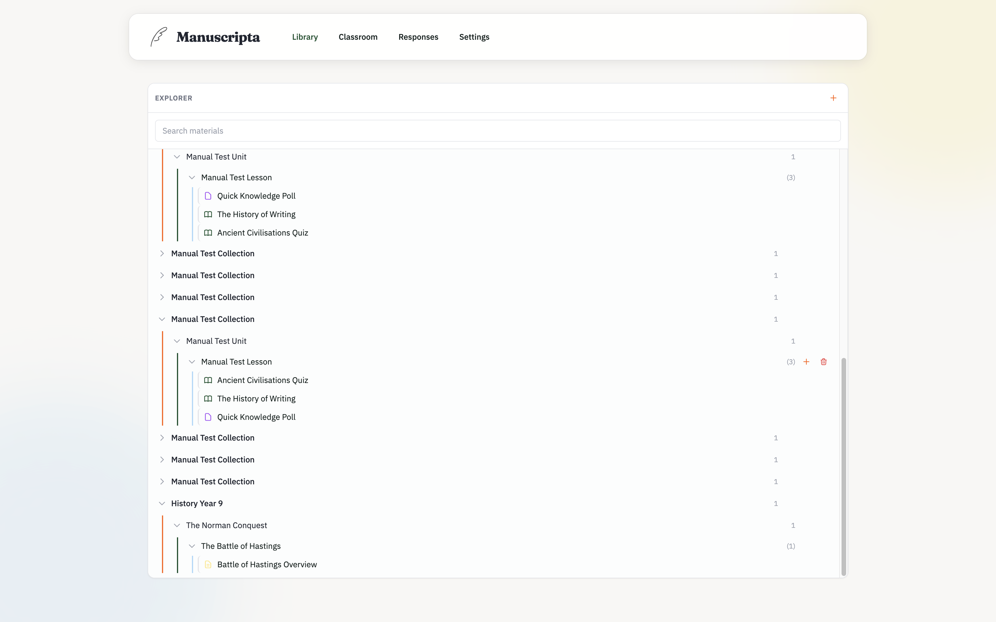 Teacher portal — Library explorer with hierarchical content