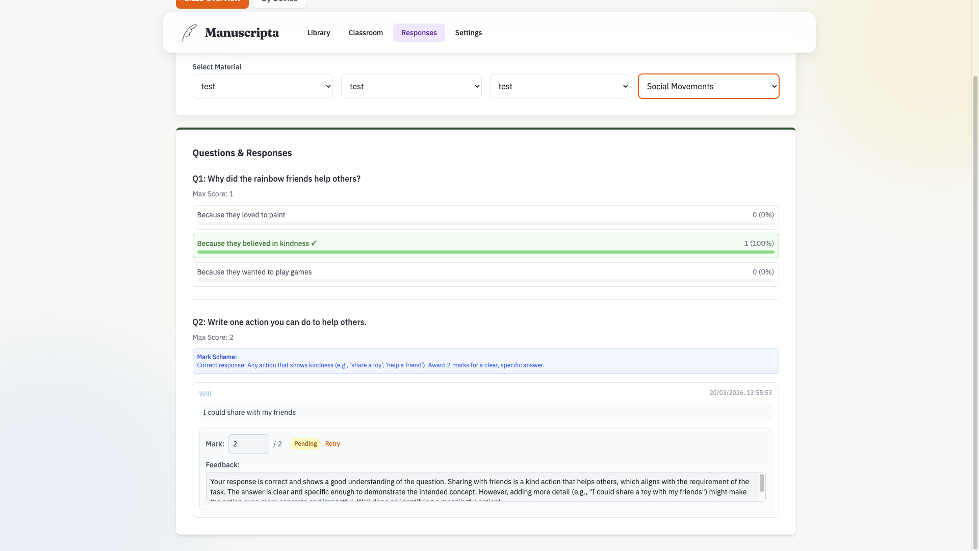 Teacher portal — Responses page with AI feedback and marks