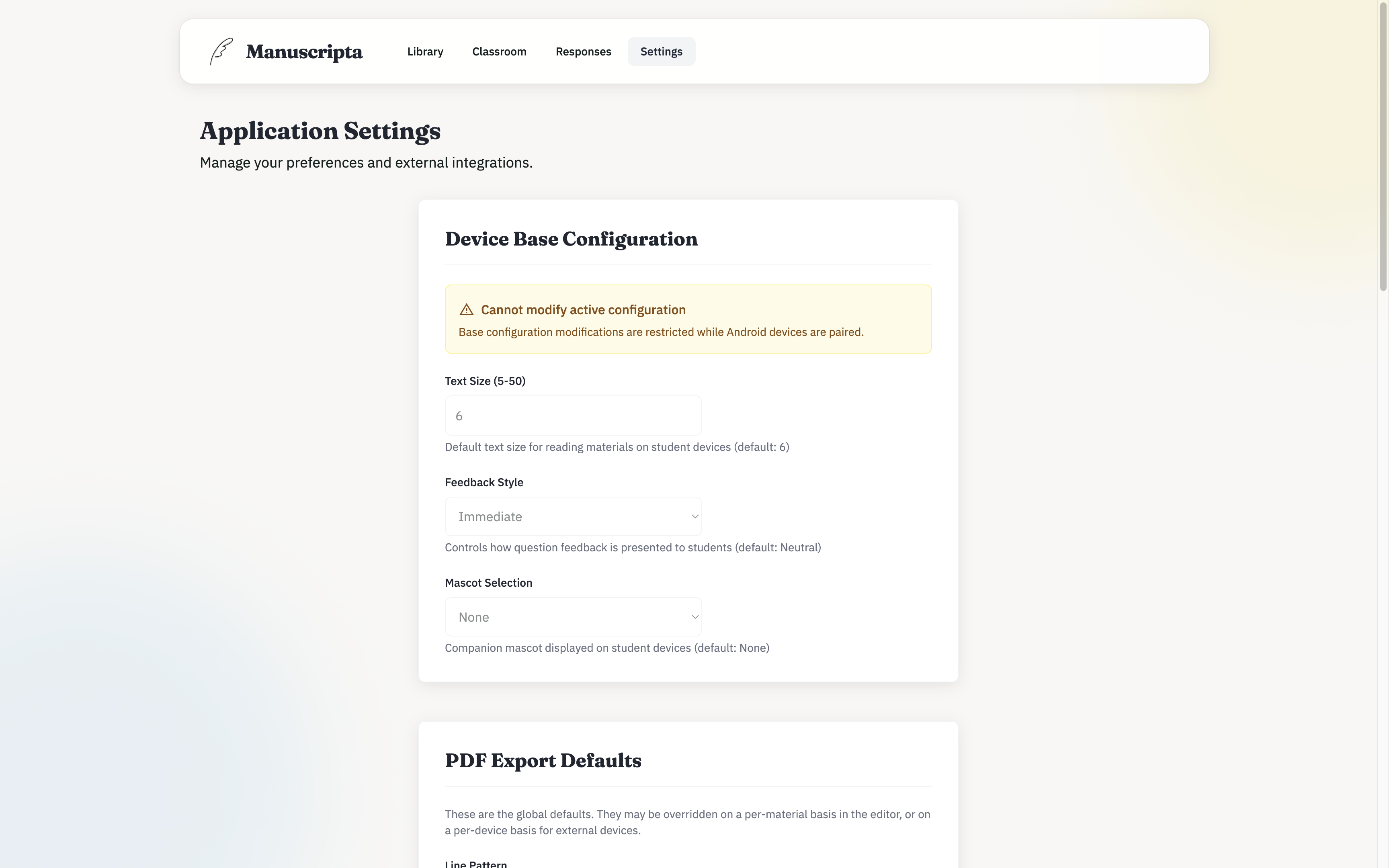 Teacher portal — Settings page with device configuration